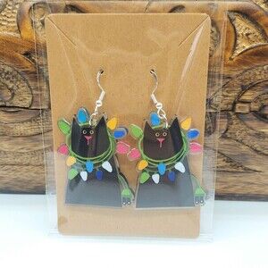 Christmas Cat Earrings Tangled in Lights Christmas Earrings